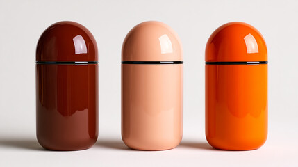 Three modern, rounded containers in brown, beige, and orange hues