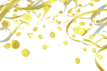 Gold confetti, flowing ribbons, black background