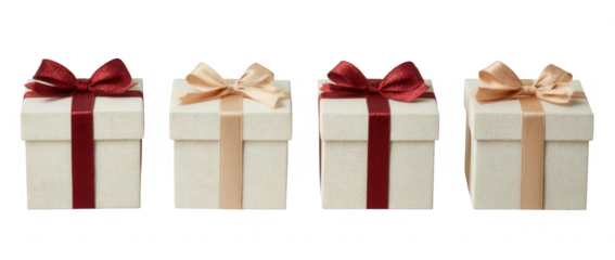 Four square gift boxes, alternating burgundy and beige ribbons