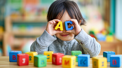 Young child plays with colorful alphabet blocks, holding letters up to their eyes, learning and exploring at an early age.