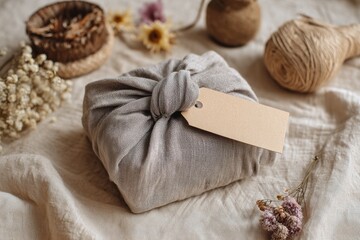 Naklejka premium Beautiful eco-friendly gift bundle wrapped in natural fabric and adorned with a silk ribbon