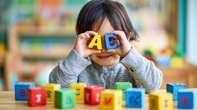 Young child plays with colorful alphabet blocks, holding letters up to their eyes, learning and exploring at an early age.
