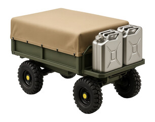 Wheeled logistics vehicle with canvas-covered cargo area and fuel cans
