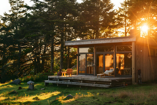 Modern sustainable wooden cabin with large panora