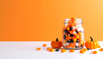 halloween candies in a jar on the gradient background with copyspace and lights