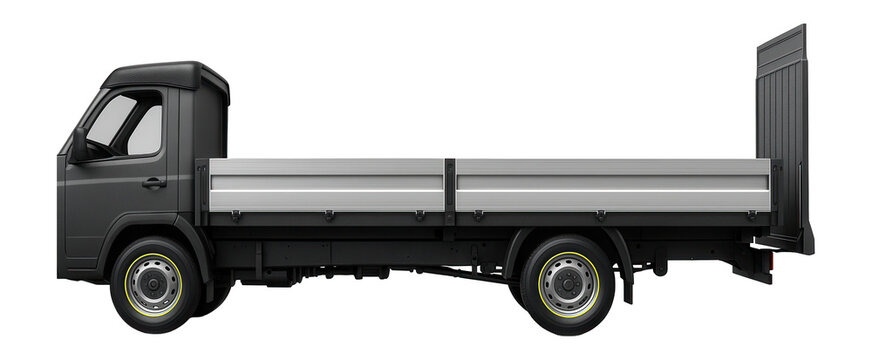 Medium-duty flatbed lorry with drop-side steel rails and rear loading ramp