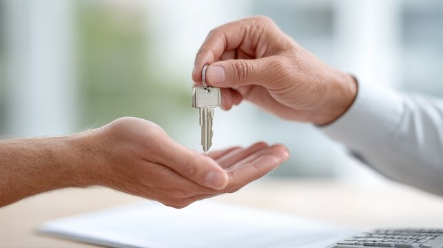 Real estate agent handing over house keys to thrilled new homeowner after finalizing mortgage contract in a professional agency, celebrating a key milestone in property ownership