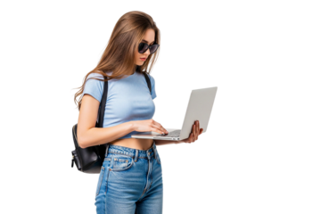 young female student with laptop isolated on white