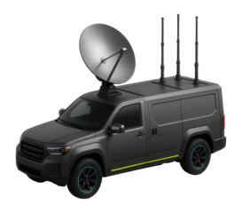Communications car with satellite dish and signal masts