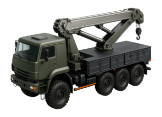 Three-axle army truck equipped with a crane and toolboxes along the sides