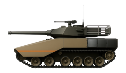 Heavy main battle tank featuring a sloped glacis and turret bustle rack