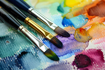 Open watercolor set with brush mid-stroke on cott