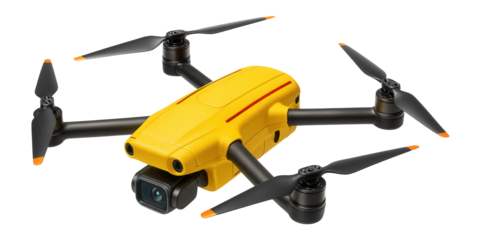 Yellow search and rescue drone with multiple rotors and high-definition camera