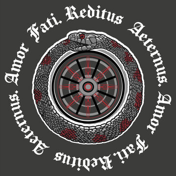 Ouroboros with Red Wheel and Latin Quote &ldquo;Amor Fati, Reditus Aeternus&rdquo; &ndash; Vector Illustration. Symbolic vector artwork featuring an ouroboros snake circling a red wheel, with the Latin phrase &ldquo;Amor Fat