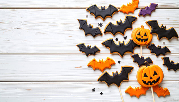 halloween background with pumpkins and bats cookies