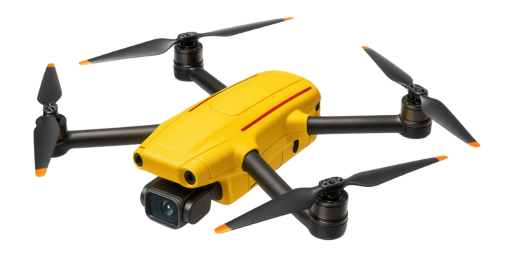 Yellow search and rescue drone with multiple rotors and high-definition camera