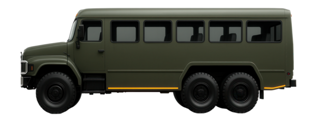 Military personnel carrier bus with front-mounted bull bar and dual rear axles