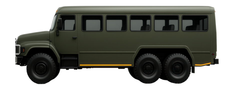 Military personnel carrier bus with front-mounted bull bar and dual rear axles