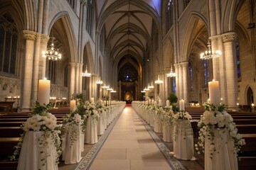 Fototapeta premium Gothic church aisle adorned with white roses and candles, leading to a sunlit stained glass window, wedding
