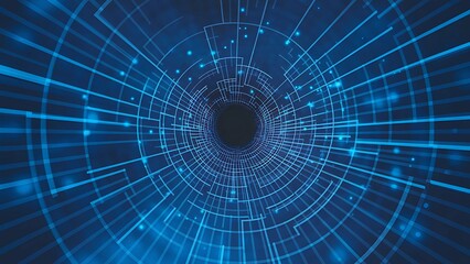 Obraz premium Abstract blue tunnel with glowing lines and dots converging into a dark center point view