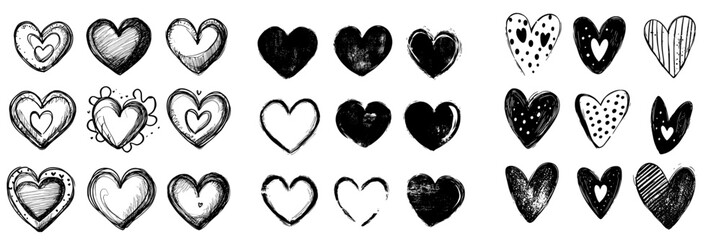 A collection of heart sketches, each hand drawn with rough brush strokes and isolated on a white background