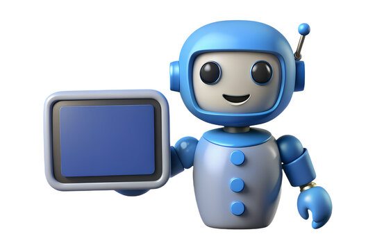 Friendly blue robot character holding a blank screen for your message