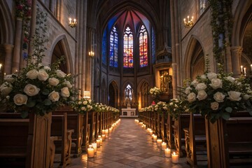 Obraz premium Gothic church aisle adorned with white roses and candles, leading to a sunlit stained glass window, wedding