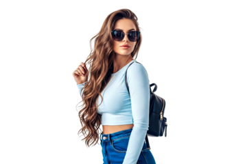 young woman with sunglasses and backpack isolated on white