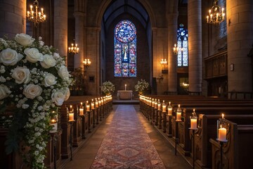 Fototapeta premium Gothic church aisle adorned with white roses and candles, leading to a sunlit stained glass window, wedding