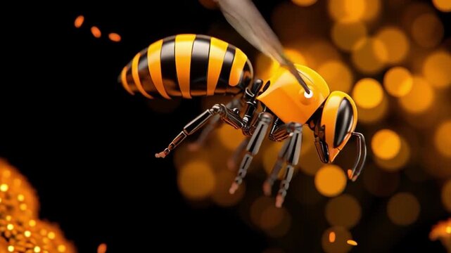 A robotic bee collecting pollen from vibrant orange flowers against a dark background