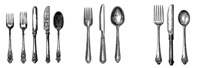 A contemporary depiction of a vintage spoon, fork, and knife, created in a hand-drawn sketch style