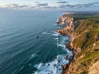 Sunset View of Cabo da Roca Lighthouse and Cliffs. Aerial drone veiw