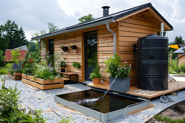 Obraz premium Rainwater harvesting system connected to modern