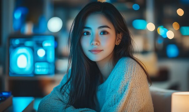 Inclusive candid image of a young female IT developer working remotely from home. Asian woman analyzing cybersecurity threats caused by artificial intelligence robots, Generative AI