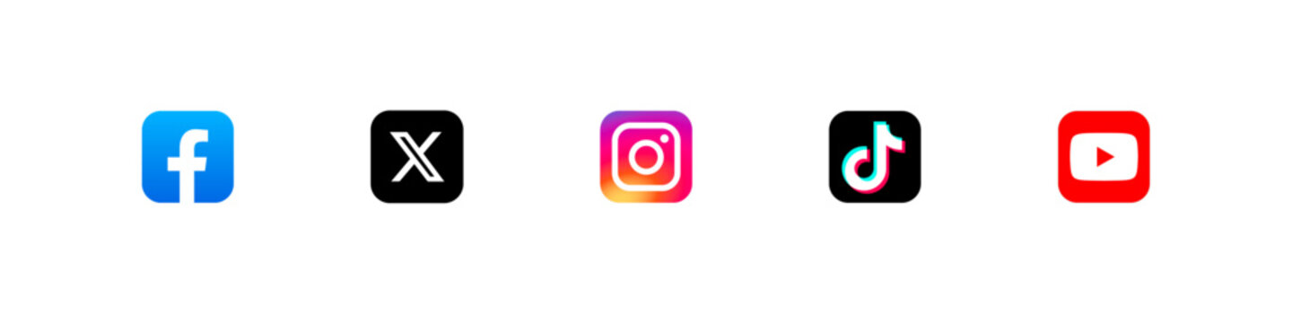 Social media apps. Editorial use signs. Isolated popular applications vector set. Social media icon: facebook, x, instagram, youtube, tiktok, tik tok