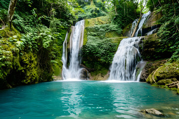 Remote waterfall cascading down moss-covered clif
