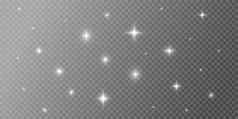 Realistic Isolated Silver Stars Light flare on Transparent Background. Silver Light from the sky. Christmas background. PNG picture. Vector illustration.