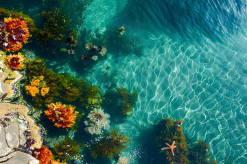 Fototapeta premium Rock pool filled with colorful seaweed and starfi