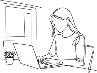 Woman working on laptop computer in minimalist line art style