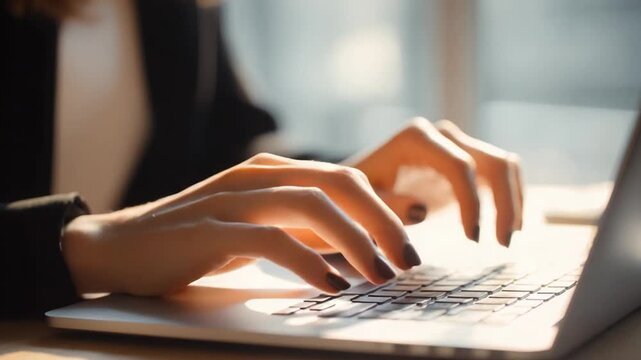 Close-Up of Person Typing on Laptop Keyboard in Soft Natural Light Reflecting Focused Work Environment