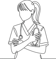 Sketch of a female doctor or nurse with stethoscope and crossed arms