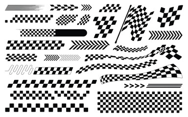 Racing stripe set with checkered flag, speed competition car decal, finish line patterns, motorsport checkerboard