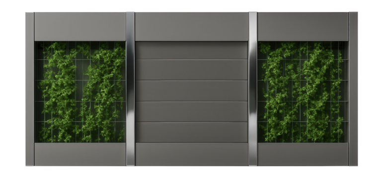 Parking structure facade with vertical green wall and climbing plants