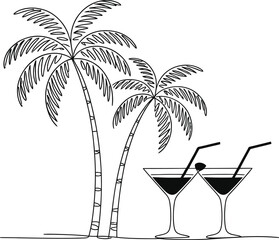 Two tropical cocktails and palm trees on a white background