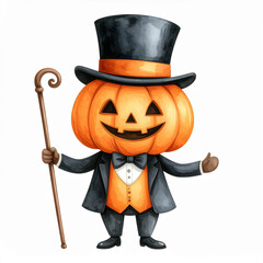 funny pumpkin in the hat , watercolor illustration on the white background