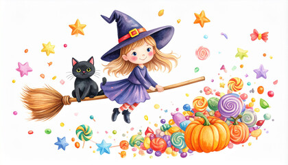 witch and cat with a broom, watercolor illustration on the white background