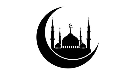 Silhouette of a mosque with minarets and a crescent moon in black and white islamic religious symbol