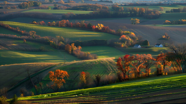 Rolling hills with patchwork farmland patterns