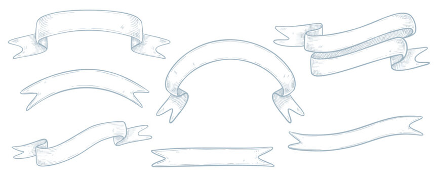 Vector illustration of Scroll Ribbons. Linear drawing of Banner for ornate labels or title decorations. Outline sketch of pastel blue streamers for menu headers with space for text. Isolated engraving