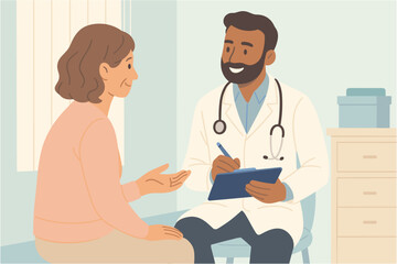 Flat vector illustration of a smiling male doctor holding a clipboard while consulting with a woman patient in a clinic setting.